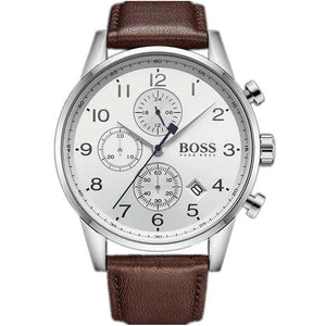 Hugo Boss Navigator 1513495 men's chronograph watch with silver case, white dial, and brown leather strap