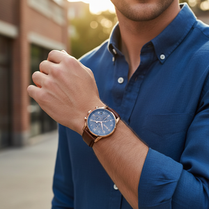Male model wearing Hugo Boss Navigator 1513496 rose gold watch with a classic business suit