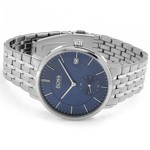 Angled view of Hugo Boss 1513642 highlighting the polished silver case and integrated stainless steel bracelet