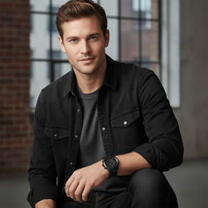 Male model wearing Hugo Boss Grand Prix 1513676 black watch with a casual outfit