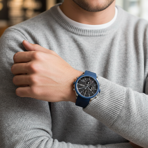 Male model wearing Hugo Boss Velocity 1513717 silver and blue rubber watch with a sporty outfit