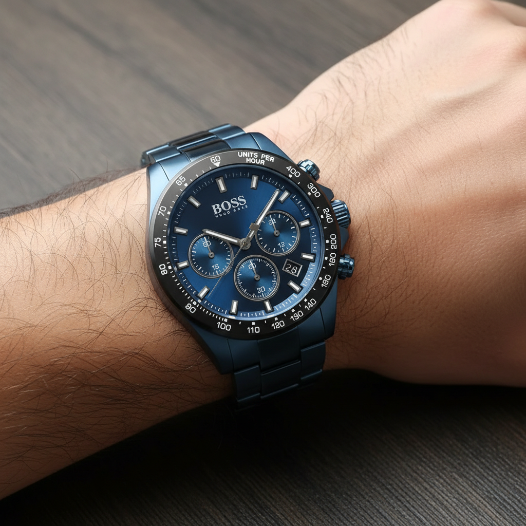 Detailed macro view of the blue sunray dial and black tachymeter bezel of Hugo Boss 1513758