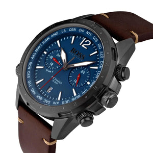 Authentic real-life photo of Hugo Boss Nomad 1513773 showing actual gray finish, blue dial, and brown leather