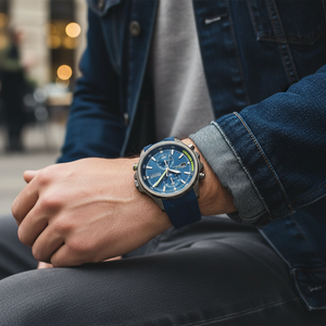 Male model wearing Hugo Boss Globetrotter 1513821 blue rubber watch with a sporty outfit