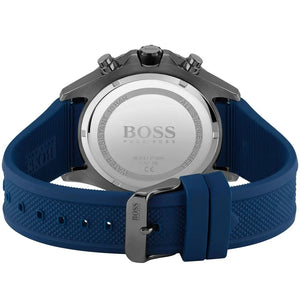 Side profile highlighting the textured blue rubber strap of Hugo Boss 1513821