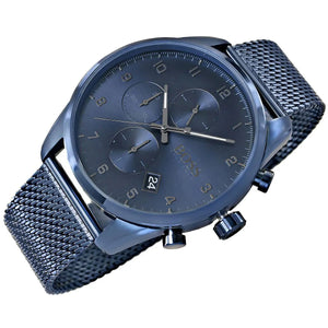 Left side perspective of the blue case and sleek mesh bracelet details of the Hugo Boss watch