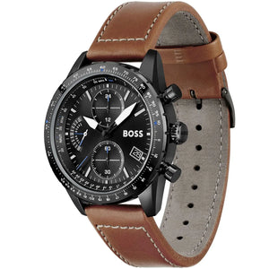 Left side perspective showing the black dial markings and oversized chronograph pushers of the Hugo Boss 1513851