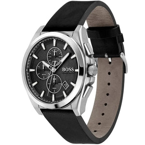 Side view of Hugo Boss 1513881 showing the silver crown and chronograph pushers