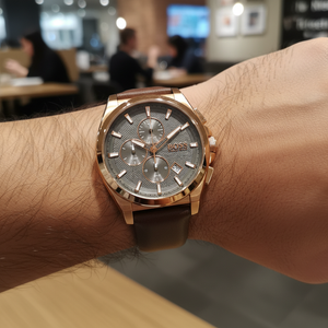 Detailed macro view of the grey textured dial and rose gold sub-dials of Hugo Boss 1513882