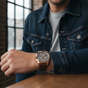 Male model wearing Hugo Boss Grandmaster 1513882 rose gold watch with a formal suit