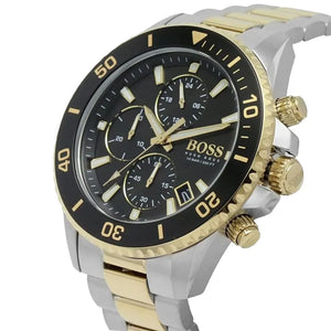 Right side angled view of Hugo Boss 1513908 highlighting the black and gold diver-style bezel