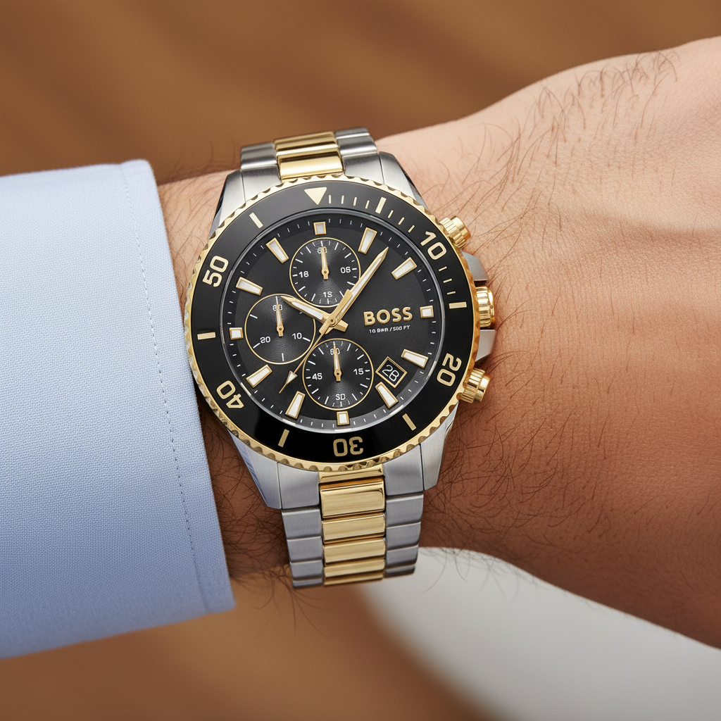 Detailed macro view of the black dial, gold luminous hands, and chronograph sub-dials of Hugo Boss 1513908