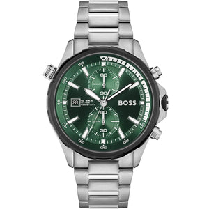 Hugo Boss Globetrotter 1513930 men's chronograph watch with silver stainless steel case and green dial
