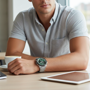 Male model wearing Hugo Boss Globetrotter 1513930 silver and green watch with a sporty outfit