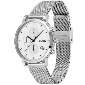 Left side perspective of the silver case and sleek mesh bracelet details of the Hugo Boss watch