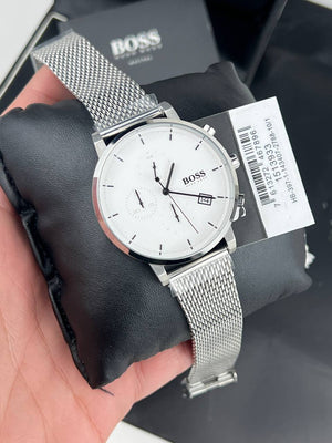Authentic real-life photo of Hugo Boss 1513933 showing actual silver shine and white dial details