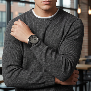 Male model wearing Hugo Boss Cloud 1514014 grey watch with a smart casual outfit