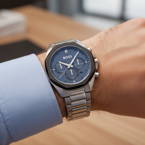 Detailed macro view of the navy blue sunray dial and black shaped bezel of Hugo Boss 1514015