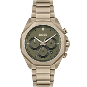 Hugo Boss Cloud 1514019 men's chronograph watch with beige gold case and olive green dial