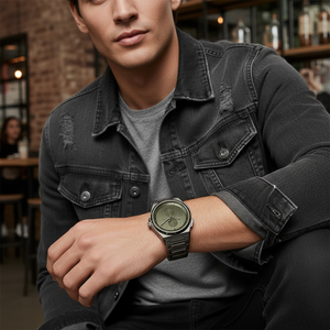 Male model wearing Hugo Boss Steer 1514045 gunmetal grey watch with a modern urban outfit