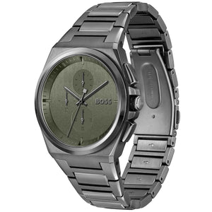Side view of Hugo Boss Steer 1514045 showing the gunmetal crown and integrated case design