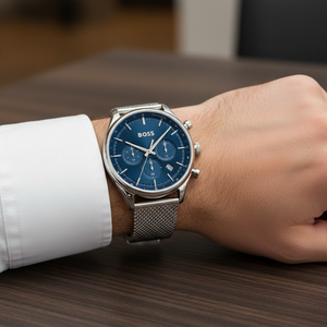 Detailed macro view of the blue sunray dial and multifunction sub-dials of Hugo Boss 1514052