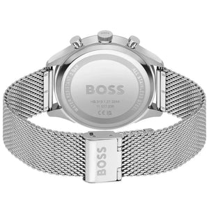 Side profile highlighting the sleek silver stainless steel mesh texture of Hugo Boss 1514052