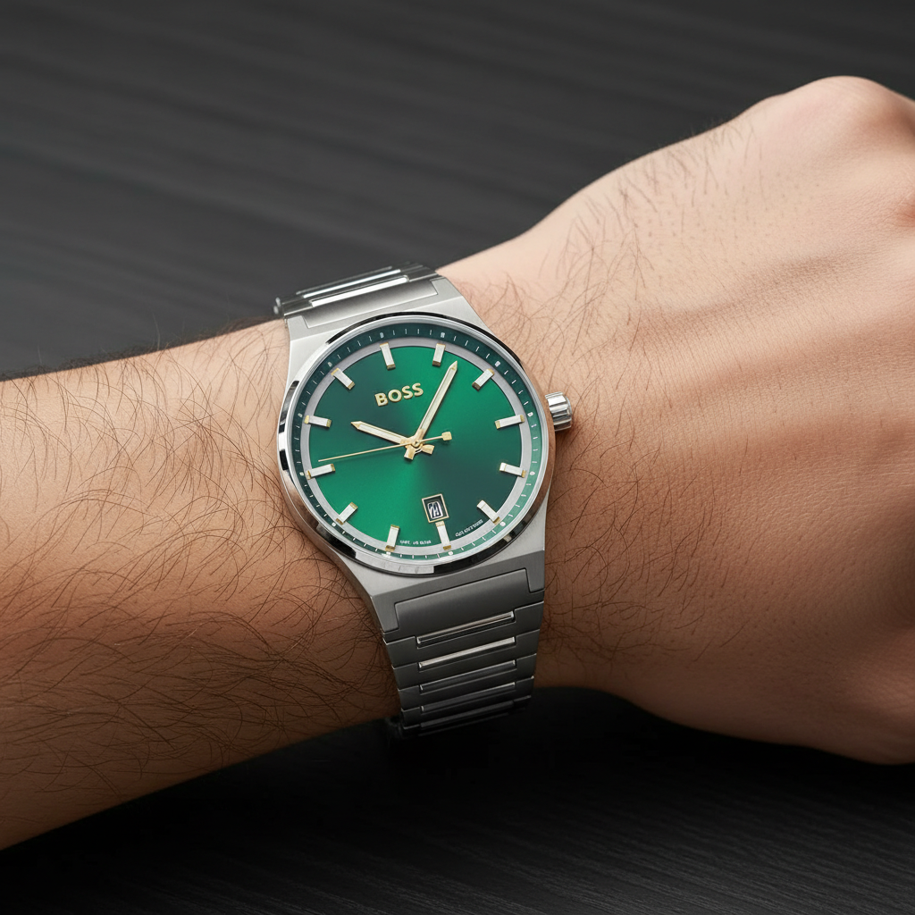 Detailed macro view of the green sunray dial, gold hands, and date window of Hugo Boss 1514079