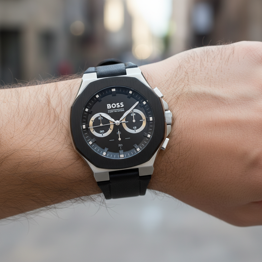 Detailed macro view of the vertically brushed black dial and integrated black bezel of Hugo Boss 1514085