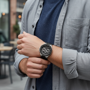 Male model wearing Hugo Boss Taper 1514085 silver and black watch with a modern urban outfit