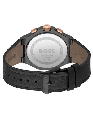Side view of Hugo Boss 1514089 showing the black crown and rose gold bezel edge