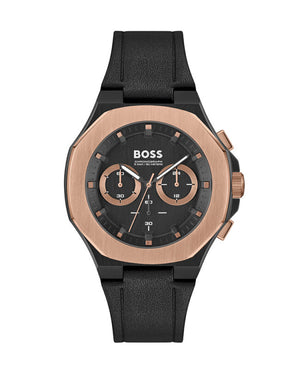 Hugo Boss Taper 1514089 men's chronograph watch with black case, rose gold bezel, and black leather strap