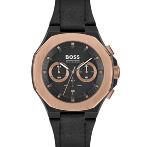 Hugo Boss Taper 1514089 men's chronograph watch with black case, rose gold bezel, and black leather strap