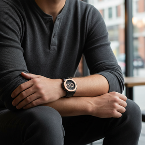 Male model wearing Hugo Boss Taper 1514090 black and gold watch with a premium outfit