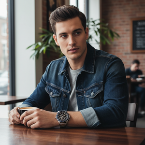 Male model wearing Hugo Boss Troper 1514101 silver watch with a smart casual outfit