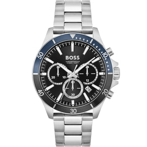 Hugo Boss Troper 1514101 men's chronograph watch with silver case, blue-black bezel, and black dial