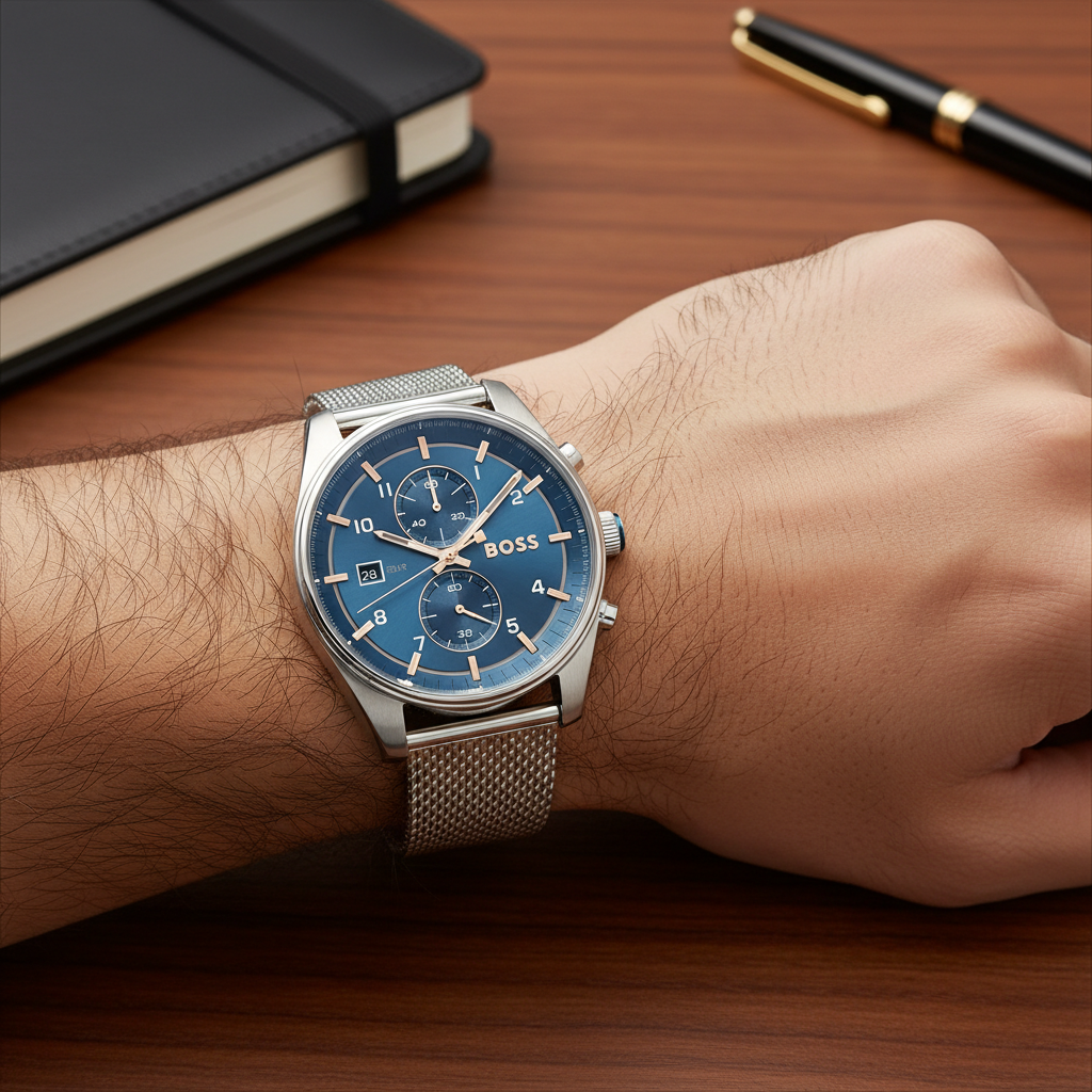 Detailed macro view of the blue sunray dial and rose gold hands of Hugo Boss 1514149