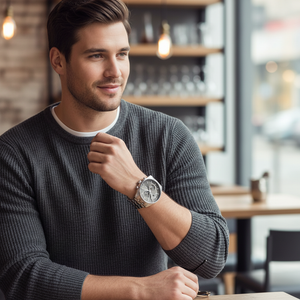 Male model wearing Hugo Boss Skytraveller 1514151 silver and grey watch with a business suit