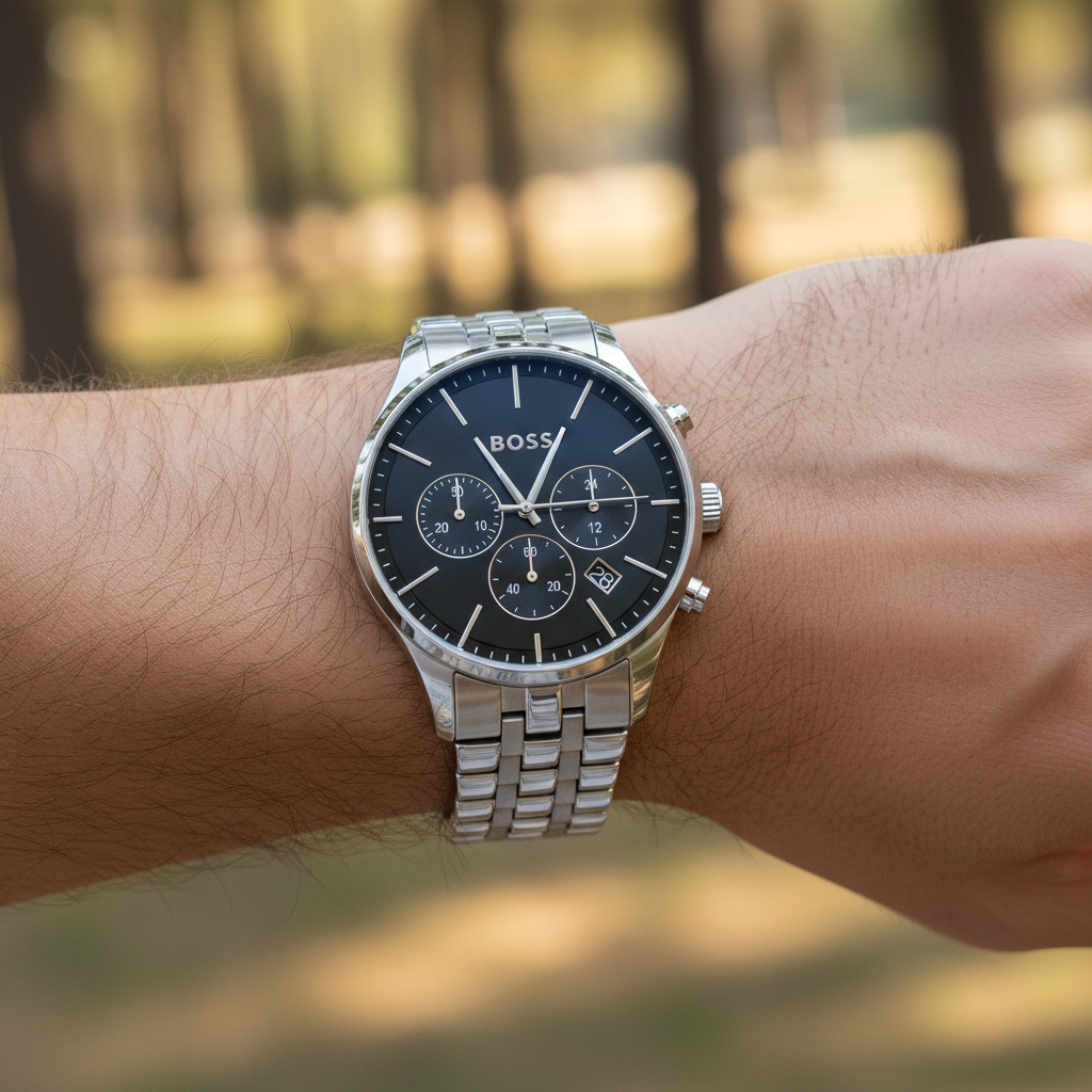 Detailed macro view of the black sunray dial and simple silver baton indices of Hugo Boss 1514157