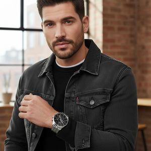 Male model wearing Hugo Boss Avery 1514157 silver and black watch with a shirt