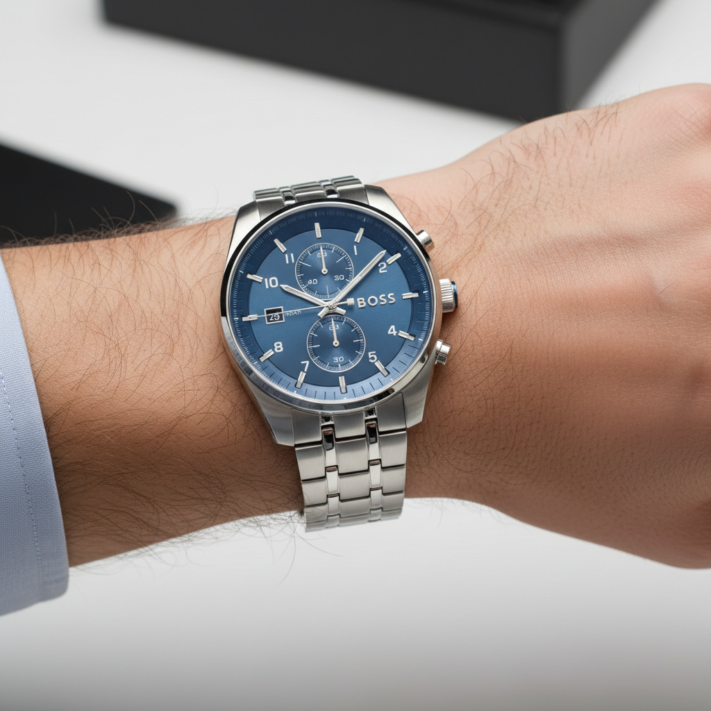 Detailed macro view of the blue dial, vertical sub-dials, and date window at 9 o'clock of Hugo Boss 1514216