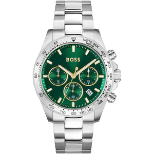 Hugo Boss Hero 1514217 men's chronograph watch with silver case and green sunray dial