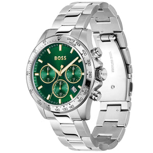 Side view of Hugo Boss 1514217 showing the silver crown and chronograph pushers