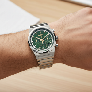 Detailed macro view of the green sunray dial and chronograph sub-dials of Hugo Boss 1514220