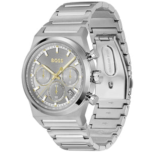 Side view of Hugo Boss 1514221 showing the silver crown and chronograph pushers