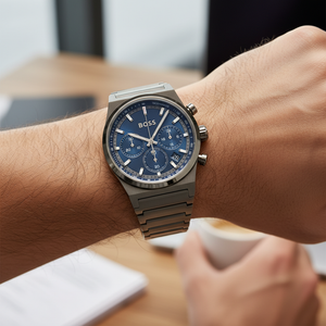 Detailed macro view of the blue sunray dial and grey sub-dials of Hugo Boss 1514223