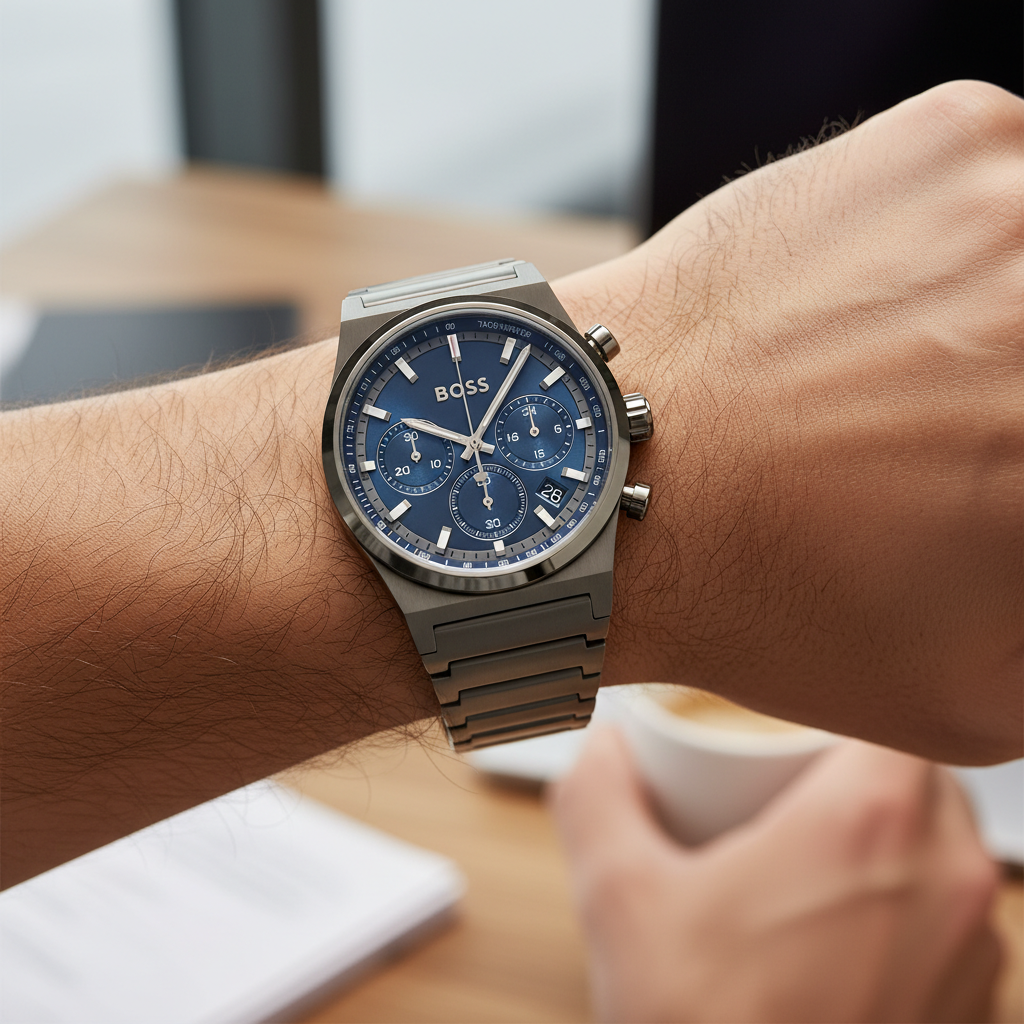 Detailed macro view of the blue sunray dial and grey sub-dials of Hugo Boss 1514223