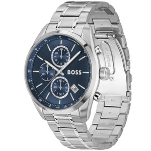 Angled view of Hugo Boss 1514226 highlighting the tachymeter bezel and polished silver links