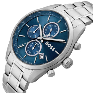 Detailed side view of the silver-tone crown and chronograph buttons on the Hugo Boss watch