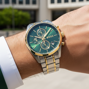 Close up shot of Hugo Boss Grand Prix 1514227 on wrist showing the green dial reflection and gold hands